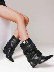 Luxury Women's Padlock Ankle Boots Fold Over Wedge Heel Booties Wide-Calf Short Shoes Fashion Shark Autumn Winter Fall Boots - 黑色 - 查看 3