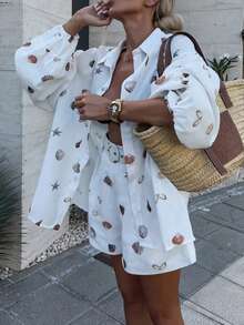 1 Set Shell Casual Front Button Pocket Women 2 Pieces Suit, Vacation & Daily Wear, Spring/Summer (The Belt Shown In The Image Is For Styling Purposes Only) - Multicolor - View 5