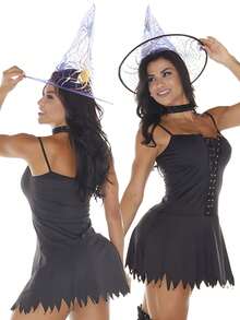 Fantasia Halloween Feminina Bruxa Sensual Com Vestido e Chapéu Festa Temática Bruxinha Carnaval - Preto - Visão 5