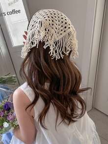Knitted Hollow Triangle Scarf Headband, Minimalist Niche Fashion Casual Headpiece - White - View 2