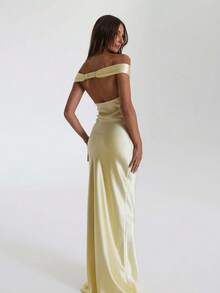 2026 New Arrival Women's European American Luxury Mermaid Satin Long Dress - Elegant Off-Shoulder Evening Gown - 淡黃色 - 查看 2
