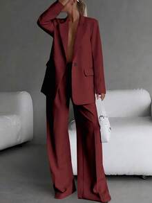 Women's Gray Suit, Elegant, Suitable For Office Work, High-End Quality, Interview, Business, New Arrival, Loose Fit, Versatile & Comfortable, Casual Suit, Pants, Solid Color, Suitable For Office, Home, Daily Life, Formal Dinner, Airport And Other Occasions, Suitable For Spring, Summer, Autumn And Winter. - Màu Đỏ Sâu - Xem 3