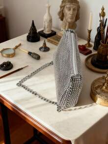 水钻肩带单肩包，拉链晚宴手拿包，高品质腋下包 - 銀色 - 查看 4