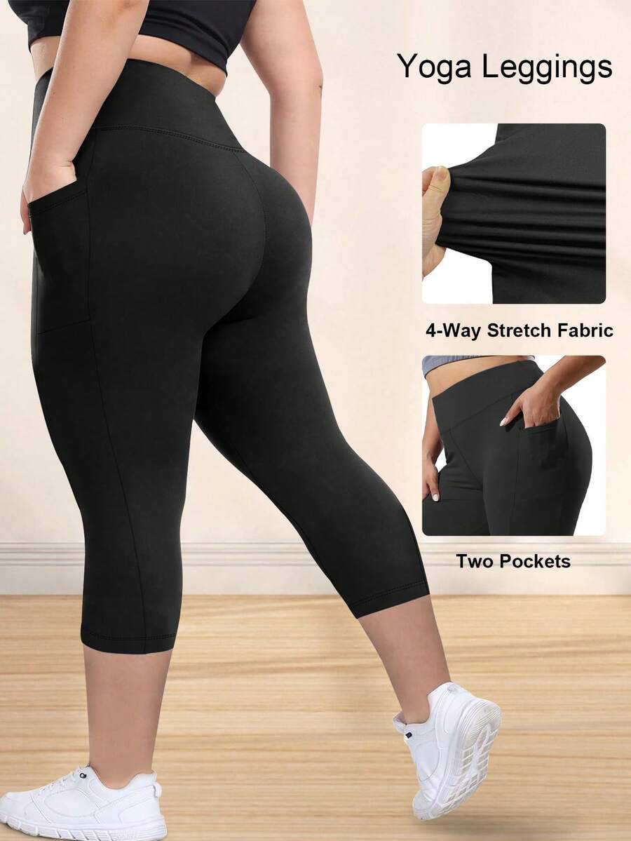 Plus Size Women's High Elasticity Waist Casual Yoga Black 7/8 Leggings, Suitable For Daily Workout