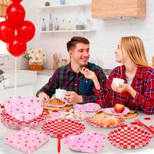 96 Pcs Valentine's Day Tableware Sets Serves 24 Red Pink Heart Plaid Paper Plates Napkins Forks  Dinnerware For Galentine's Day Wedding Anniversary Engagement Partupplies Variant 1 - 沒有任何 - 查看 3