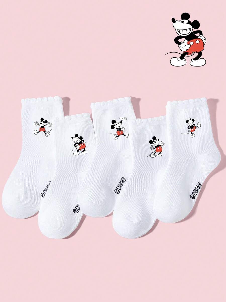 Disney 5双装迪士尼米奇老鼠女童袜子，白色休闲袜，印有可爱的卡通米奇图案，柔软舒适，适合上学、居家、户外运动、聚会等场合。 - 彩色 - 查看 1