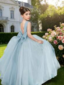 Vestido largo elegante de tul azul con decoración de lazo y perlas falsas para niña preadolescente, vestido de niña de las flores para boda, vestido de princesa, vestido de graduación formal, vestido de novia, para ocasiones al aire libre, Pascua - Azul - Ver 5