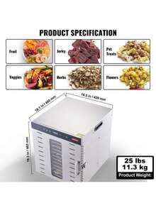 Food Dehydrator Machine, 10 Stainless Steel Trays, 1000W Electric Food Dryer With Digital Adjustable Timer & Temperature For Jerky, Herb, Meat, Beef, Fruit, Dog Treats And Vegetables - 銀色 - 查看 7
