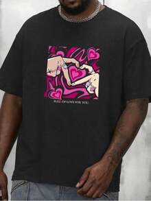 Shirts Manfinity Homme Men Plus Heart & Slogan Graphic Tee Men's Pure Cotton T-Shirt Effortless Styling, Showcase Your Unique Style - Black - View 8