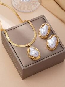 3件套时尚百搭蛇形链不规则珍珠吊坠项链耳环套装，适合少女日常及节日佩戴 - 金黃色 - 查看 6