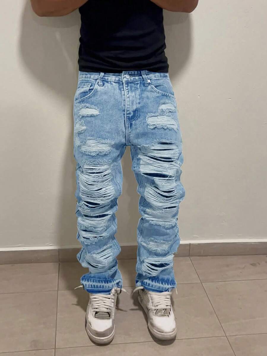 破舊貓鬍鬚直筒寬腿牛仔褲 Y2K 街頭丹寧搖滾風，潑墨牛仔褲四季穿著毛邊褲腳，差異水洗寬鬆寬腿牛仔褲 - 淺色水洗藍 - 查看 1