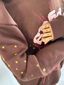 Man Sweatshirts Winter Outfits Men Men's Hip Hop Letter Printed Harajuku Retro Hoodie Long Sleeve Pants Set Joint Set For Men And Women 2PC Hooded Sweatshirt Pullover - 棕色套裝 - 查看 5