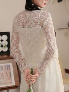 女士蕾丝针织披肩开衫，轻盈镂空长袖罩衫，夏季度假风 - 杏色 - 查看 6