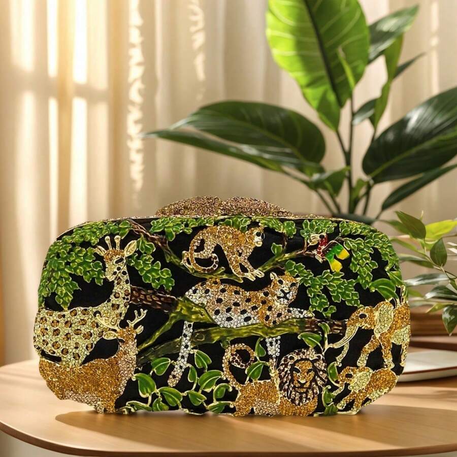 Ladies Formal Evening Bags Forest Jungle Animal World Crystal Clutch Purse Rhinestone Clutch Handbag For Party Cocktail - Green - View 1