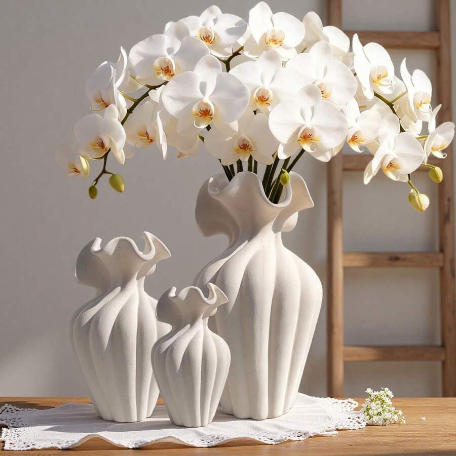 1pc Handmade Bohemian Style Wavy Decorative Vase With Petal Shaped Opening, Minimalist Desktop Home Decor, Rustic Style For Living Room Bedroom, Gift