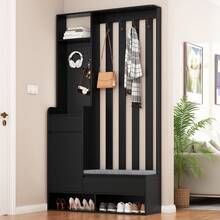 Hallway Cabinet, Shoe Cabinet With Cushion Storage, Multifunctional With Power Outlet, With 4 Hooks, Black, White, H180 / W100 / D35 Cm - Black - View 2