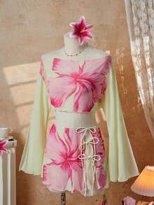 2026 Women's Spring/Summer 2-Piece Beach Outfit, Elegant Romantic Yellow Off-Shoulder Sexy Cropped Mesh Printed Blouse Paired With Side-Tie Bohemian Style Mesh Mini Skirt, Suitable For Beach Vacation, Holidays, Parties, Valentine's Day, New Year, Carnival, Women's Swimwear, Elegant Beach Attire - Yellow - View 5