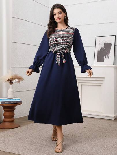 Women's Elegant Patchwork Geometric Print Dress, Suitable For Festivals, Weddings, Vacations, And Everyday Wear