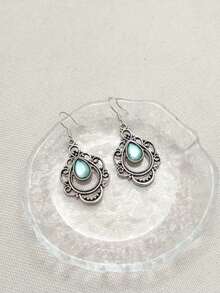 1 Pair Vintage Bohemian Style Green Teardrop Hollow Carved Faux Gem Pendant Earrings, Suitable For Daily, Party, Travel Wear As Jewelry Gift - Antique Silver - View 4