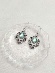 1 Pair Vintage Bohemian Style Green Teardrop Hollow Carved Faux Gem Pendant Earrings, Suitable For Daily, Party, Travel Wear As Jewelry Gift - Antique Silver - View 3