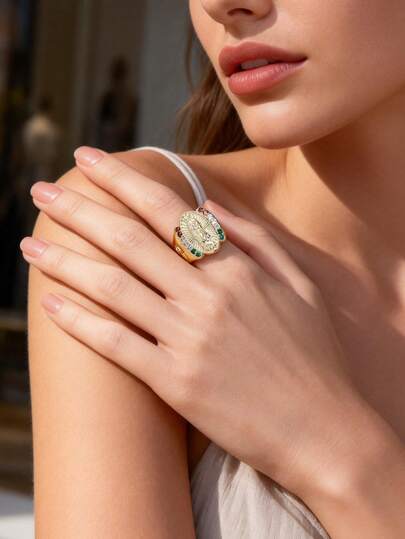 1pc Elegant Virgin Mary Ring Gold Plated Couple Jewelry Inlaid With Cubic Zirconia For Women Daily Wear