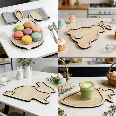1/4pcs Classic Minimalist Wooden Tray With Rabbit & Carrot Shapes, Ideal For Easter Home Decor, Easter Party Celebration, Holiday Afternoon Tea, Snacks, Nuts, Donuts And Coffee Cup, Candy Decorative Tray, Perfect Holiday Gift For Friends