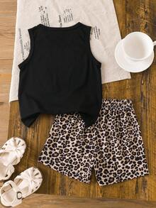 2pcs Girls' Heart & Digital Print Vest Set, Casual Vacation Cooling Summer Outfit - Black - View 2