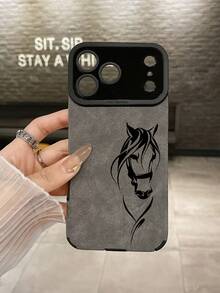 极简奢华仿麂皮纹理马头印花高端灰色手机壳，镜头保护壳，兼容 17/ 17 Pro/ 14/ 16/ 16e/ 17 Pro Max/ 15 - 灰色 - 查看 2