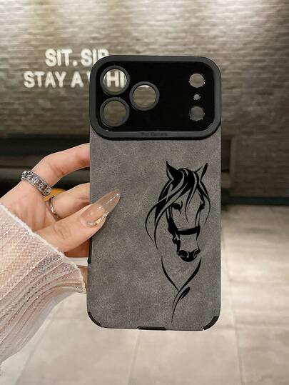 极简奢华仿麂皮纹理马头印花高端灰色手机壳，镜头保护壳，兼容 17/ 17 Pro/ 14/ 16/ 16e/ 17 Pro Max/ 15