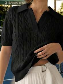 Women's Soft V Neck Short Sleeve Knit Sweater Solid Lapel Knit Casual Pullover Tops - 黑色 - 查看 4