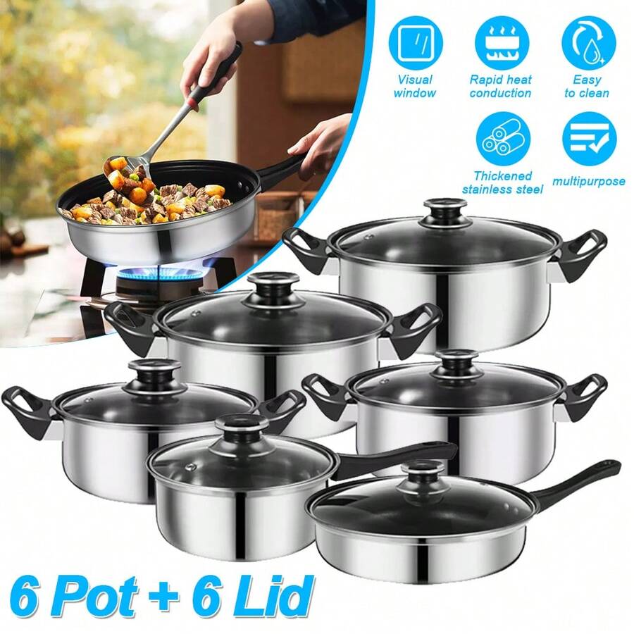 12pcs Heavy-Duty Stainless Steel Cookware Set With Non-Stick Coating & Glass Lids - Complete Pots And Pans Kit , Stainless Steel  Saucepan Stock Pot Set Kitchen, Induction Cookware Compatible For All Stovetops (/), Durable For Home & Professional
