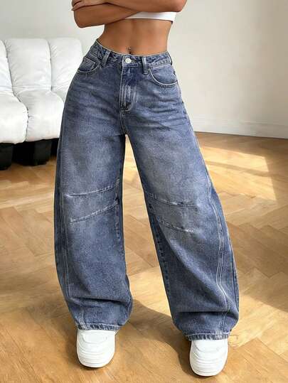 Women's Vintage Washed Blue High Waist Pleated Loose Wide Leg Jeans, Y2K Streetwear Denim Pants