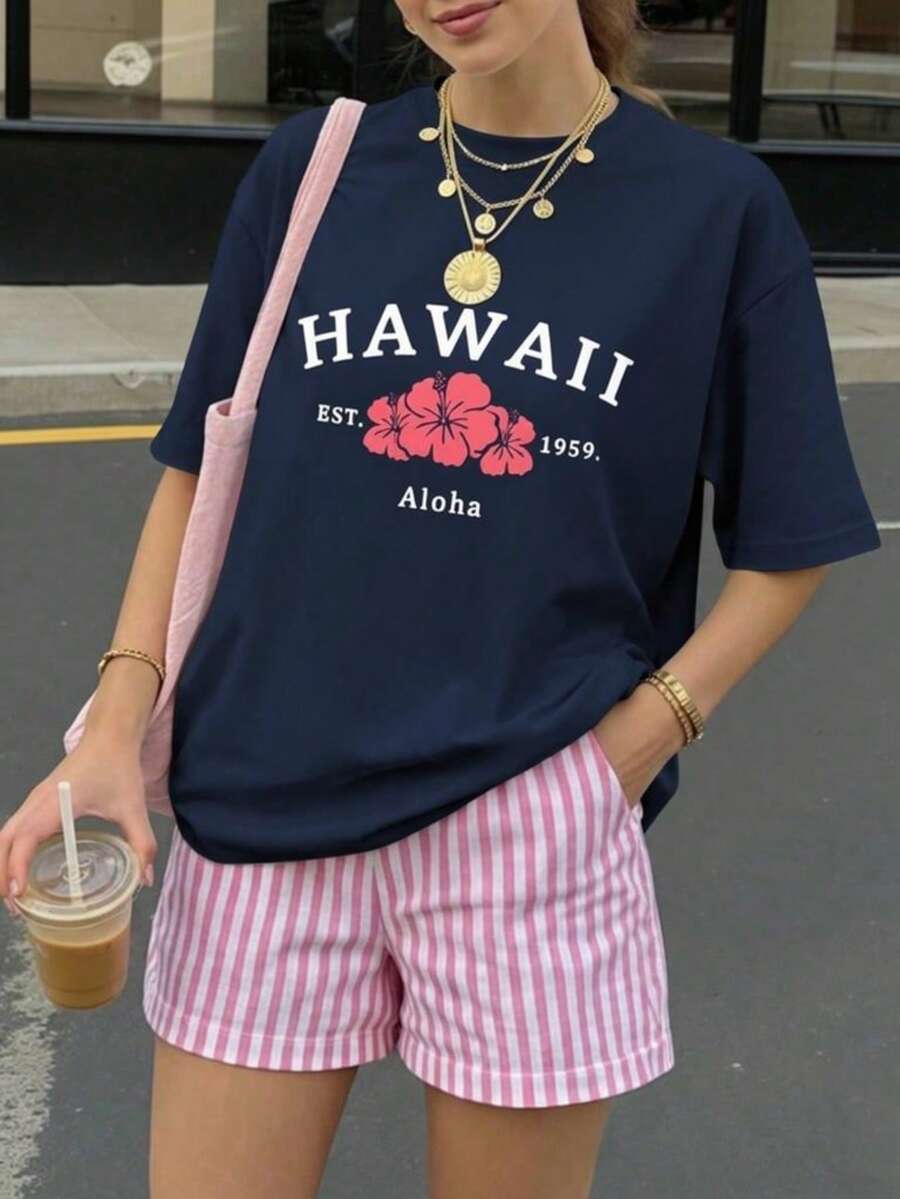 Hawaii Hibiscus Letter Graphic Print Round Neck Drop Shoulder Oversized Short Sleeve Tee, Summer Casual Daily Loose Fit T-Shirt - Màu xanh hải quân - Xem 1