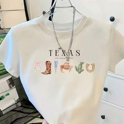 Camiseta Cropped Feminino com Estampa Texas Country Blusinha Feminina em Algodão para Todas as Estações