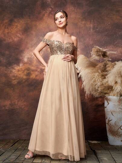 Faeriesty 优雅孕妇露肩派对礼服裙 | 亮片装饰抹胸上衣搭配透视网纱下摆，适合春季婚礼、母亲节庆祝活动、迎婴派对、花园派对、正式晚宴等场合