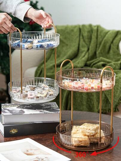 1 Set Double-Layer Plastic Round Tray, Made Of PET Material Durable, 360° Rotating, Snack/Fruit/Cake Tray, Cosmetic & Item Storage Organizer Tray, Suitable For Kitchen Spice Storage, Bathroom Cosmetic Storage, Living Room Tabletop