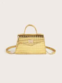 1pc Metallic PU Crocodile Embossed Handbag, Fashionable Elegant Shiny Gold/Silver Eid Gift, Eid Mubarak Accessory Crossbody Bag - Metallic Gloss - View 12