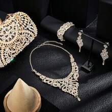 Quelay 4 Pcs Purse Rhines Jewelry Set Evening Clutch Bag Bling Crystal Necklace Dane Earrings Bracelets Accessories - Oro, negro - Ver 4