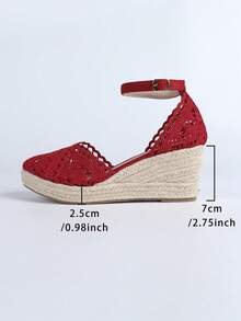 Giày sandal nữ đế xuồng bằng vải lanh, dây thừng, ren, khoét lỗ, mũi tròn, kiểu dáng casual, thoáng khí, gót dày, kiểu sandal ngư dân, đa năng. - Đỏ - Xem 6