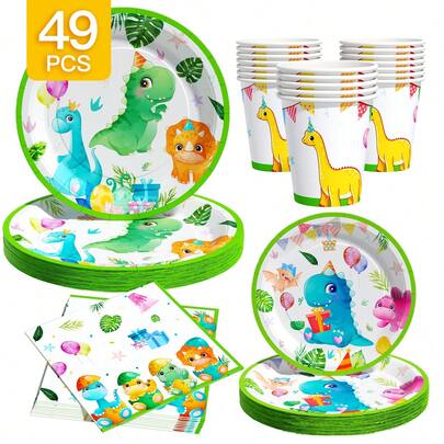 Dinosaur Party Hats, Disposable Plates, Napkins, Cups Set, Plates, Napkins And Cups Party Supplies, Suitable For 8 Guests, Disposable Paper Plates Party Tableware Suitable For Birthday, Wedding, Theme Party, Family Picnic