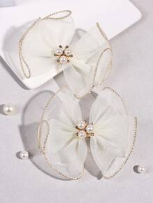 2pcs/Set Girls White Mesh Bow Hair Clips, Elegant Pearl Rhinestone Alligator Hair Clips, Solid Color Ballet Style Hair Clips, Graceful Gift For Girls, Wedding, Daily Wear, Spring - White - View 3