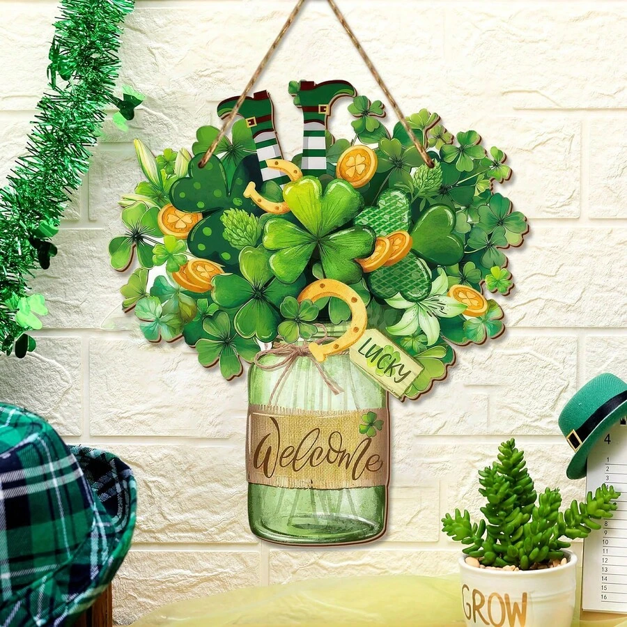 1 pièce Décoration de porte pour la Saint-Patrick, couronne en bois en forme d'arbre à trèfles à quatre feuilles porte-bonheur irlandais, décoration murale de porte d'entrée pour fête de la Saint-Patrick - Multicolore - Voir 1