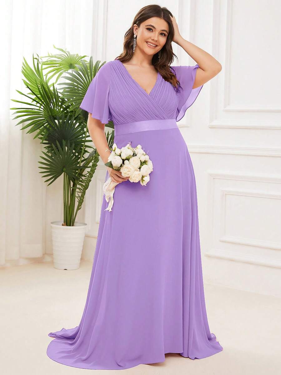EVERPRETTY Plus Size Elegant V-Neck Ruched Formal Bridesmaid Dress Wedding Spring Party