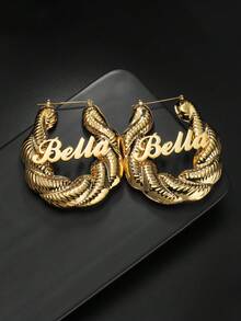 1 Pair Of 7cm Large Hoop Earrings, Customized Name, Text, Personalized Earrings, 18k Gold Fashion Jewelry Stainless Steel, Nameplate Bamboo Earrings - Gold Name Circle - Large Circle Earrings Thanksgiving Christmas - 2.76 Inch - View 9