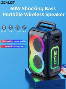 ZEALOT PT02 60W High-Power Wireless Speaker, Portable Outdoor Subwoofer With 1 Speaker, RGB Lights, Compatible With SD Card/USB/AUX, Supports Dual Speakers, Hands-Free Calling, Suitable For Outdoor Events, Home Parties, Beach Parties - one-size - View 3