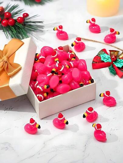 10pcs Mini Resin Christmas Flamingo With Santa Hat, Pink Flamingo Figurines Suitable For DIY Fairy Garden, Christmas Home Decor, Micro Landscape Crafts, Christmas Gift Bag Filler, Party Decorations, Perfect Birthday Gift