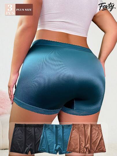 3pcs/Set Plus Size Women Lightweight & Comfortable Seamless Leggings/Briefs, Shiny Fabric, Autumn/Winter Colors, Lace Trim