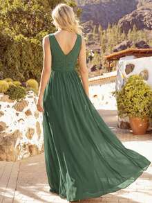 EVERPRETTY Elegant Chiffon V Neck Sleeveless Ruched Maxi Formal Olive Green Bridesmaid Dress For Wedding Graduation Spring Summer Wedding Guest Dresses - Olive Green - View 3