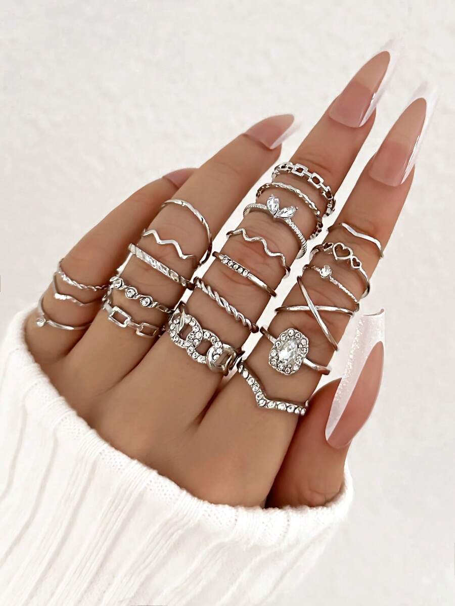 Bộ 21 chiếc nhẫn đính đá sang trọng hình trái tim, sóng, hình học đa dạng, thích hợp cho nữ giới đeo hàng ngày. - Bạc - Xem 1