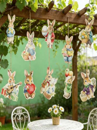 36/24/12pcs Vintage Wooden Rabbit Decorations, Easter Decor, Spring Holiday Home Decor, Joyful Easter Tree Rabbit Decorations, Hollow Rustic Style Decorations With Ropes, Animal Themed Easter Rabbit Decorations, Suitable For Home And Kitchen